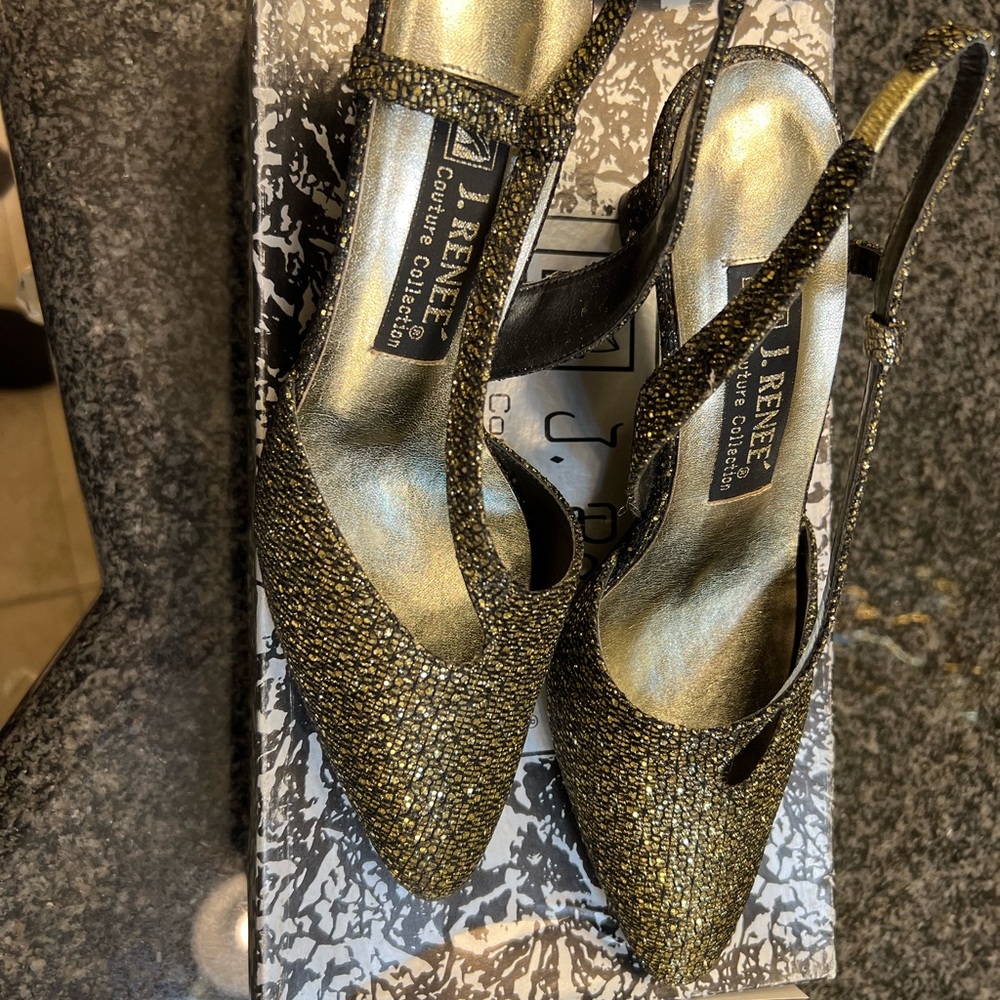 Sparkly Gold J. Renee' Shoes , size 7M with stretch strap & 2 3/4 inches heels.